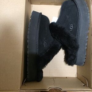 UGG Black Fluffy Platform Slippers